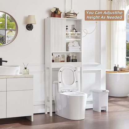 LEYAOYAO Fluted Over The Toilet Storage Cabinet, Farmhouse Over Toilet Bathroom Organizer with a Sliding Door, 68" Tall Freestanding Washer Shelf with Adjustable Shelf & Curved Profile,White