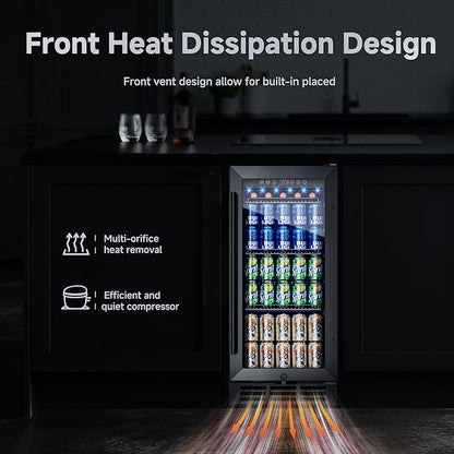 15 Inch Under Counter Refrigerator, 130 Cans Beverage Refrigerators, Large Capacity Beverage Refrigerator with Glass Door & Adjustable Shelves, for Home, Office, Bar (Black)