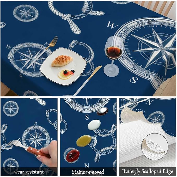 Swono Compass Table Covers 52x70 Inch Vintage World Map Wind Rose Rope Knot Nautical Compass Tablecloth Kitchen Dinning Tabletop Decoration, Blue Table Cloth for Outdoor and Indoor Use