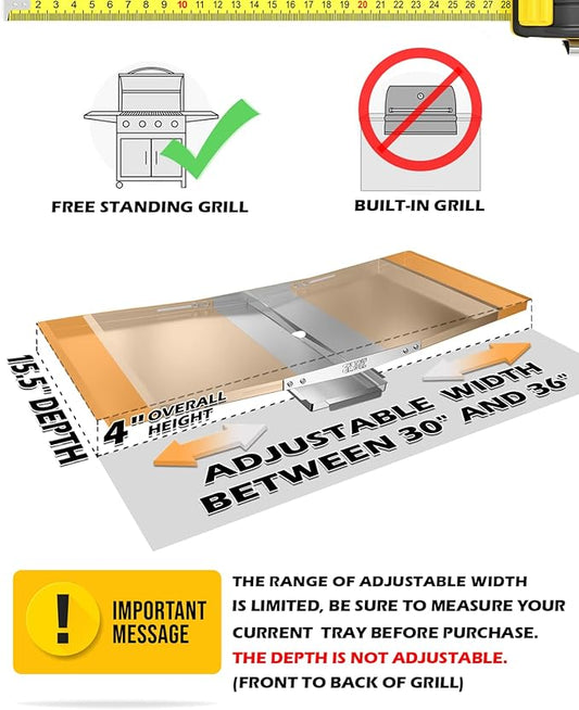 Grease Tray with Catch Pan - Dyna Glo Grill Replacement Parts, Adjustable Stainless Drip Pan for Gas Grill Models from Dyna Glo, Nexgrill, Expert Grill, Kenmore, BHG and More (Width 30"-36")