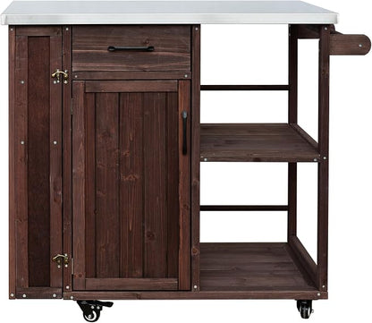 JIVOIT Outdoor Kitchen Island with Stainless Steel Worktop, Fir Wood Prep Station Lockable Kitchen Cart with Ample Storage Space, Towel and Spice Racks for Patio and Outdoor (Dark Brown/122)