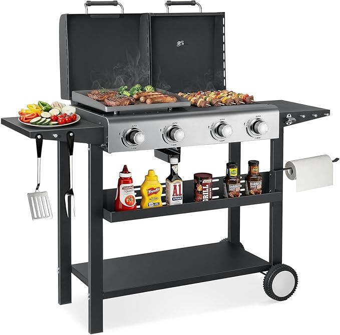 SKOK 4 Burner 3-in-1 Charcoal/Gas/Griddle Combo Outdoor Grill – 331 Sq. In. Cast Iron Grate & Griddle Pan, Propane Griddle Grill Combo for Outdoor Cooking, Backyard, Patio, Camping