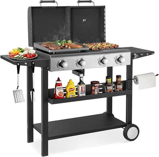 SKOK 4 Burner 3-in-1 Charcoal/Gas/Griddle Combo Outdoor Grill – 331 Sq. In. Cast Iron Grate & Griddle Pan, Propane Griddle Grill Combo for Outdoor Cooking, Backyard, Patio, Camping