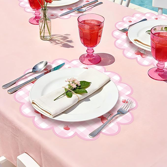 100 Pcs Cherry Paper Placemats Pink Bow Gingham Placemat 13.5 Inch Round | Disposable Decorative Dining Cherry on Top Table Mats with Scalloped Edges for Spring Summer Birthday Wedding Party Supplies