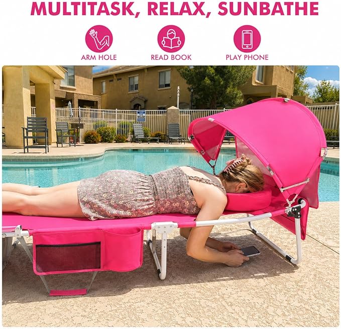 Wheel-To-Go Oversized Tanning Chair with Face Hole & Wheels | Portable Heavy Duty Folding Lounge Chair | Outside Sunbathing Reading Relaxing Beach Poolside | XL Wide | 330 LBS Pink (Patent Design)