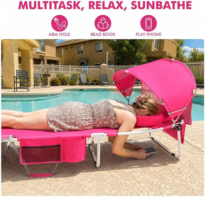 Wheel-To-Go Oversized Tanning Chair with Face Hole & Wheels | Portable Heavy Duty Folding Lounge Chair | Outside Sunbathing Reading Relaxing Beach Poolside | XL Wide | 330 LBS Pink (Patent Design)