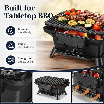 Hibachi Grill Outdoor, Portable Mini Charcoal Grill, Pre-Seasoned Cast Iron, Small Japanese Yakitori Tabletop Skillet Grill Stove for Outdoor Camping