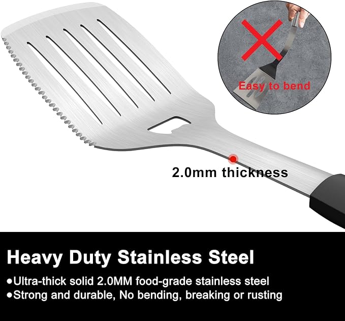 15.8" Heavy Duty Grill Set - Stainless Steel BBQ Tools with Spatula & Fork, Professional Grilling Gifts for Men, Outdoor Barbecue Tool Set