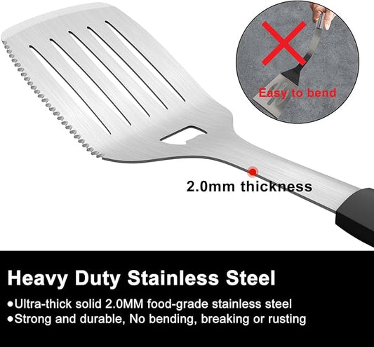 15.8" Heavy Duty Grill Set - Stainless Steel BBQ Tools with Spatula & Fork, Professional Grilling Gifts for Men, Outdoor Barbecue Tool Set