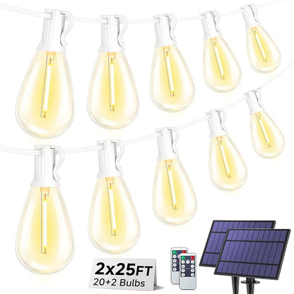 50FT(2x25FT) Solar String Lights with Remote, Outdoor Patio Lights | 3 Lighting Mode, Waterproof, Dimmable Bistro Lights String, with 20+2 Shatterproof S11 LED Bulbs, White Wire, for Backyard