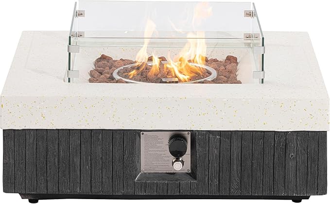 COSIEST 35" Outdoor Propane Fire Pit Table w Tank Cover & Wind Guard, Square Gas Fire Pit Table with Concrete & Wood Grain Design, 50000BTU Fire Tables for Patio, Backyard, Garden