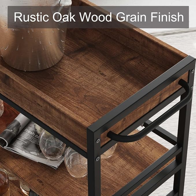 Bar Cart for The Home, Rolling Home Bar Serving Cart on Wheels, 3 Tier Liquor Beverage Carts with Wine Rack and Glass Holder (Rustic Oak)