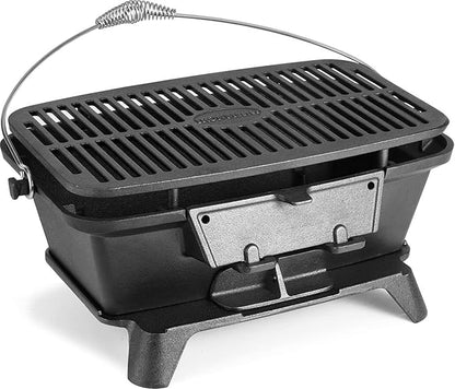 IRONMAX Large Hibachi Grill Outdoor, Portable Charcoal Grill and Tabletop Cast Iron Skillet, 100% Cast Iron, Durable, Camping Grill Grate 16.5" x 10.2" - Coal Door, Draft door