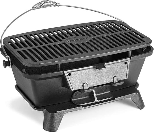 IRONMAX Large Hibachi Grill Outdoor, Portable Charcoal Grill and Tabletop Cast Iron Skillet, 100% Cast Iron, Durable, Camping Grill Grate 16.5" x 10.2" - Coal Door, Draft door