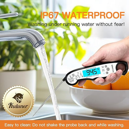 KULUNER Instant Read Food Thermometer, White Waterproof Digital Meat Thermometer with 4.6" Folding Probe, Backlight & Calibration, 2-3s Fast Reading for Kitchen Baking Grilling Cooking - White