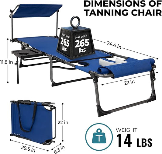 FUNDANGO 4 in 1 Tanning Chair with Face Hole, Beach Lounge Chair with Canopy Shade & Side Table Chaise Lounge Chairs for Patio, Pool, Lawn, Sunbathing, 5-Position Adjustable Sun Lounger, Set of 2 Blue