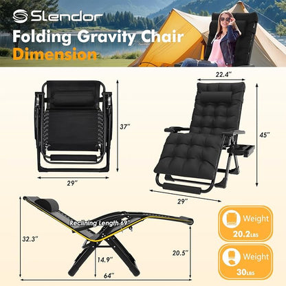 Slendor Oversized Zero Gravity Chairs XL, 29in Padded Recliner Chair, Black | Reclining Lounge Chair, Folding Anti Gravity Chairs w/Aluminum Alloy Lock,Headrest,Cup Holder, Support 440lbs,for Lawn Patio