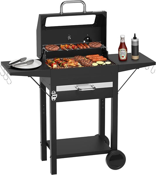 Charcoal Grills with Side Tables and Bottle Opener, Barbecue BBQ Grill with Glass Cover for Outdoor Picnic Backyard Patio and Parties, 20inch Black