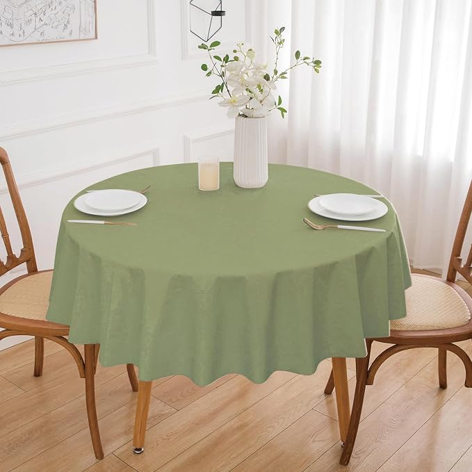 NLMUVW 48 Inch Round Vinyl Tablecloth with Flannel Backing, Olive Green Small PVC Table Cloth Waterproof Wipe Clean Table Cover for Dining Party Camping Outdoor