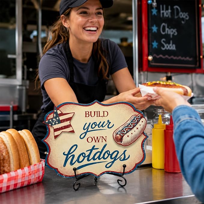 Hot Dog Stand Sign with Metal Display Stand, Wooden Patriotic Tabletop Menu Sign for BBQ Party, Food Truck, Buffet Table, Hot Dog Shop Decor, Independence Day 250th Anniversary Celebration - A01