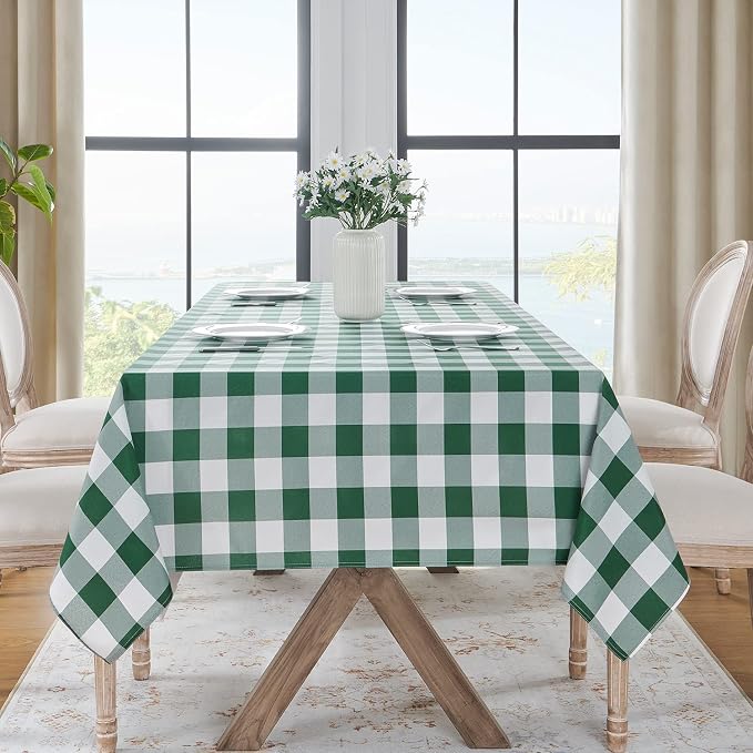 Softalker Spring Checkered Tablecloth Rectangle - Outdoor Waterproof Buffalo Plaid Table Cloth, Stain Resistant Gingham Table Cover for Picnic, Camping, Easter - Hunter Green and White, 60 x 102 Inch