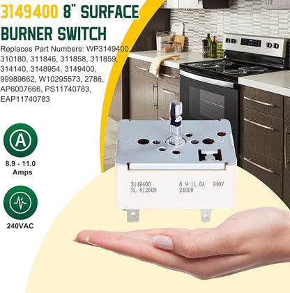 WP3149400 3149400 3148954 3148953 Range Burner Infinite Control Switch (8 Inch), Replace for WP3149404, 3148954, 314140, W10295573, 99989662, 311858, 311859, 310180, 311846, 3149400 Fits for Whirlpool