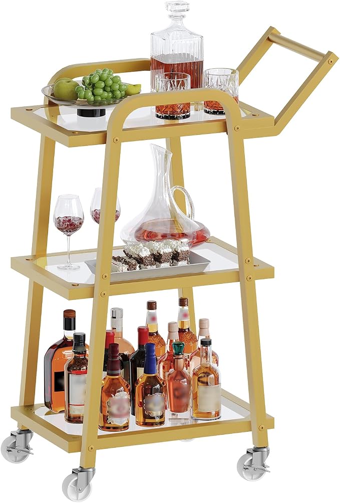 Bar Cart, 3-Tier Serving Cart for Home, Mobile Drink Cart with Wheels, Rolling Kitchen Cart, for Home Bar, Party, Living Room, Gold BC07GD