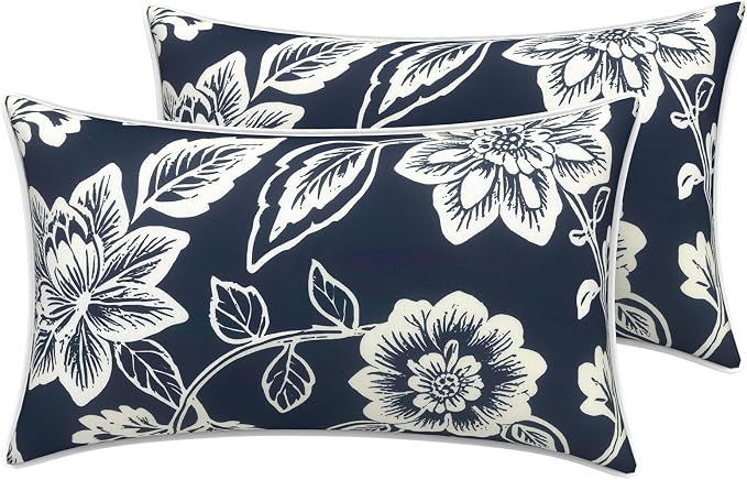 LVTXIII 2 Pack Outdoor Lumbar Pillow Covers 12x20 Inch with Piping, Water-Repellent Back Cushion Covers ONLY for Patio Furniture, Sofa, Garden Bench, Elegant Vines Navy