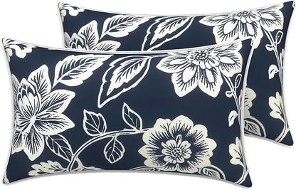 LVTXIII 2 Pack Outdoor Lumbar Pillow Covers 12x20 Inch with Piping, Water-Repellent Back Cushion Covers ONLY for Patio Furniture, Sofa, Garden Bench, Elegant Vines Navy