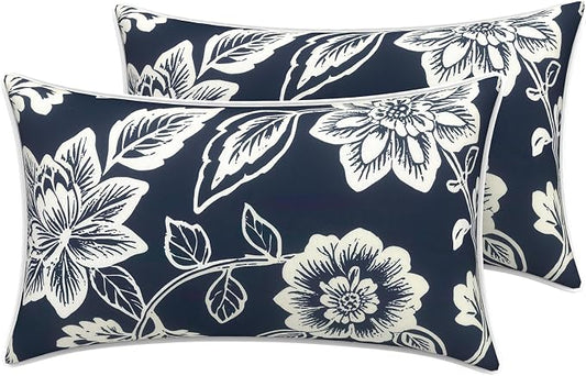 LVTXIII 2 Pack Outdoor Lumbar Pillow Covers 12x20 Inch with Piping, Water-Repellent Back Cushion Covers ONLY for Patio Furniture, Sofa, Garden Bench, Elegant Vines Navy