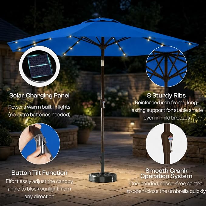 10FT Solar Lighted Patio Umbrella, Outdoor Table Market Umbrellas with Push Button Tilt and Crank, 32 LED Lights, 8 Sturdy Ribs, UV-Resistant for Deck, Garden, Pool