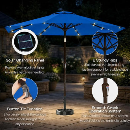 10FT Solar Lighted Patio Umbrella, Outdoor Table Market Umbrellas with Push Button Tilt and Crank, 32 LED Lights, 8 Sturdy Ribs, UV-Resistant for Deck, Garden, Pool