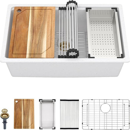 28 Inch Granite Composite Kitchen Sink - White Undermount Workstation All-In One Quartz Classic Single Bowl Sink Basin with Accessories, 28x19#TLGU-106