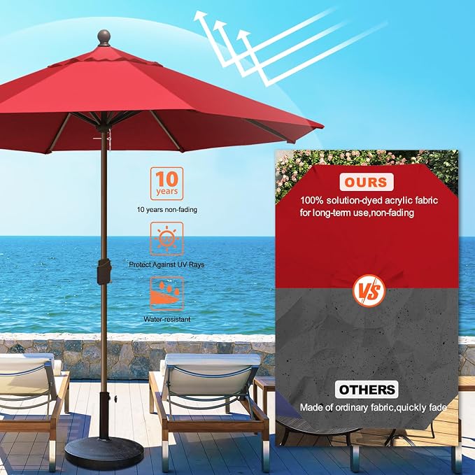Eurmax USA 10-Year-Non-Fading 10FT Outdoor Patio Market Umbrella,UPF50+ UV Resistant Sun Shade,Heavy Duty Commercial Grade,Crank Lift Design,Windproof Vented Top for Garden,Pool,Deck,Logo Red