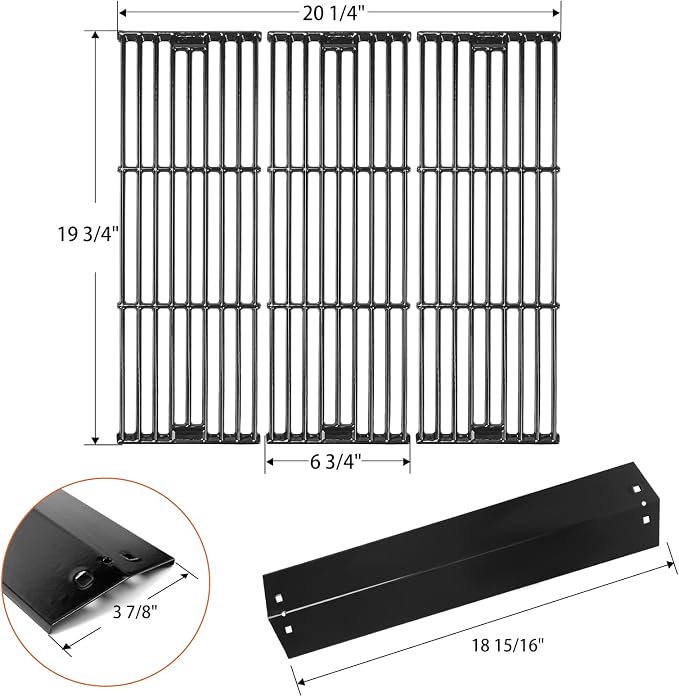 Hisencn Replacement Parts for CharGriller 5050, 3001, 3008, 4000, 3030 | Stainless Steel Burner, Porcelain Steel Heat Plate, Porcelain Cast Iron Cooking Grid Grates for Char-Griller Gas Grill Models