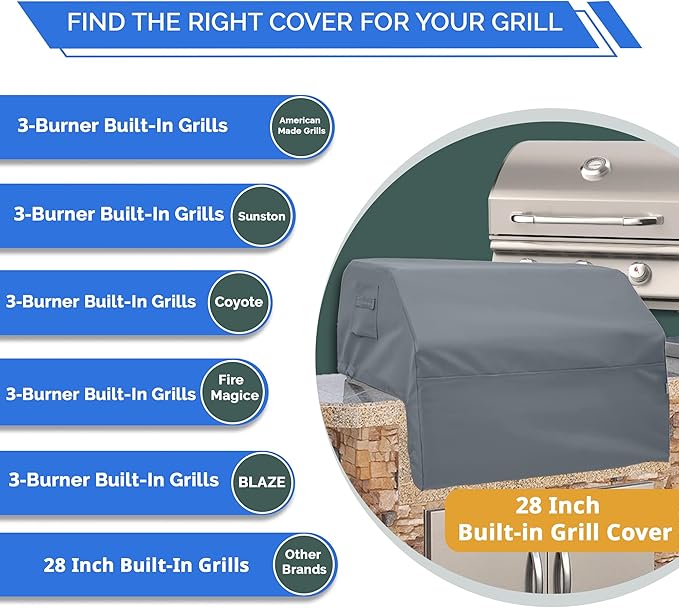 Covers & All Built-in Grill Cover for Outdoor Grill – Heavy Duty 12 oz Waterproof Built-in BBQ Grill Cover, PVC-Coated Polyester with Elastic Hem for Snug Fit (28 x 24 x 26 inches, Grey)