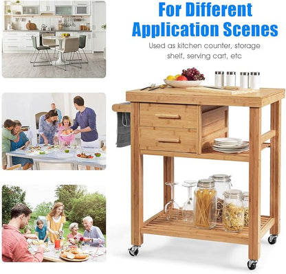 Giantex Kitchen Island, Bamboo Island Cart, Kitchen Trolley Cart on Wheels, Rolling Kitchen Cart, 2 Drawers, Towel Rack, Casters with Lock (Natural)