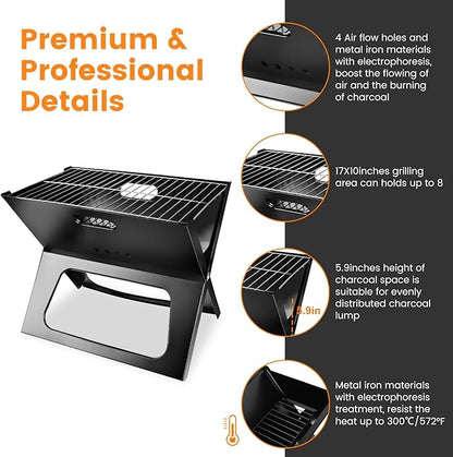Portable Barbecue Grill, BBQ Charcoal Grill, Foldable Charcoal Grill BBQ Tool for Camping Picnics Garden Beach Party Outdoor Travel (170Sq.in)