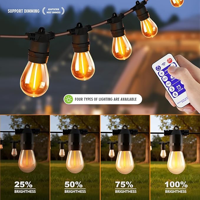 Outdoor Solar String Lights 36FT 15, Shatterproof & Waterproof LED Patio Lights with Remote, Dimmable & Timer Functions, 2700K Warm White Commercial Grade Decorative Hanging Lights