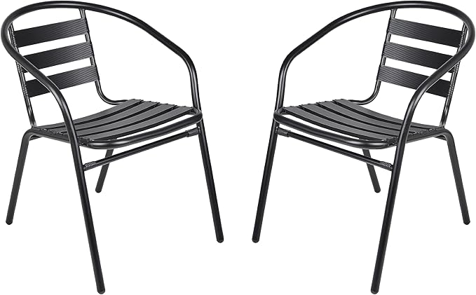 Indoor Outdoor Set of 2 Black Restaurant Metal Aluminum Slat Stack Chairs Lightweight for Dining Patio Shop