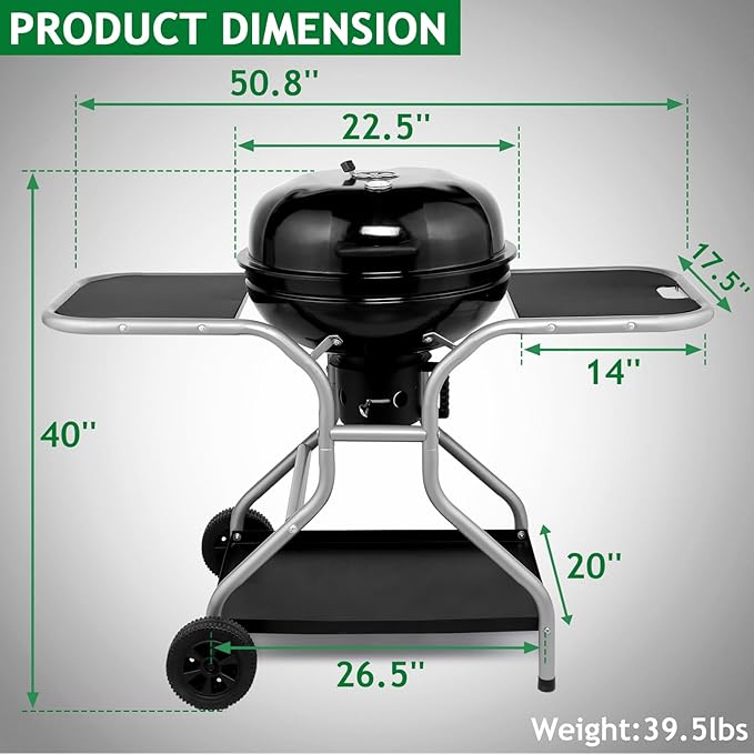 Kettle Charcoal Grill with 2 Side Tables, Storage Shelf, Upgraded Ash Catcher, Thermometer, Air Vents, Outdoor Cooking Barbecue Grill with Wheels