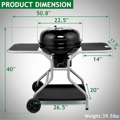 LEADZM 22.5 inch Kettle Charcoal Grill with Side Table&Ash Catcher, Portable Round Barbecue Grill with Wheels for Outdoor, Great for Small Patio Backyard, Camping, Picnics, Backyard BBQs, Black