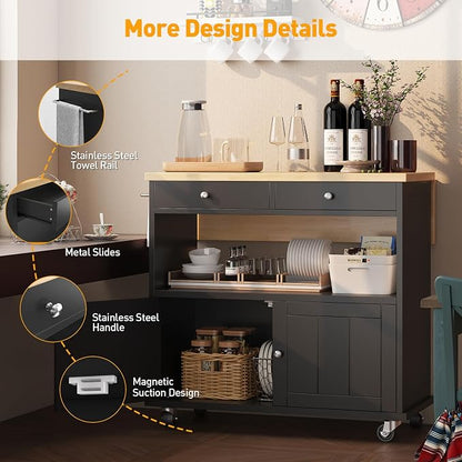 Rolling Kitchen Island with Folding Drop Leaf Breakfast Bar, 35.4'' W Kitchen Cart with Storage Cabinet and 2 Drawers, Portable Mobile Kitchen Island Table with Towel Rack, Lockable Wheels, Black