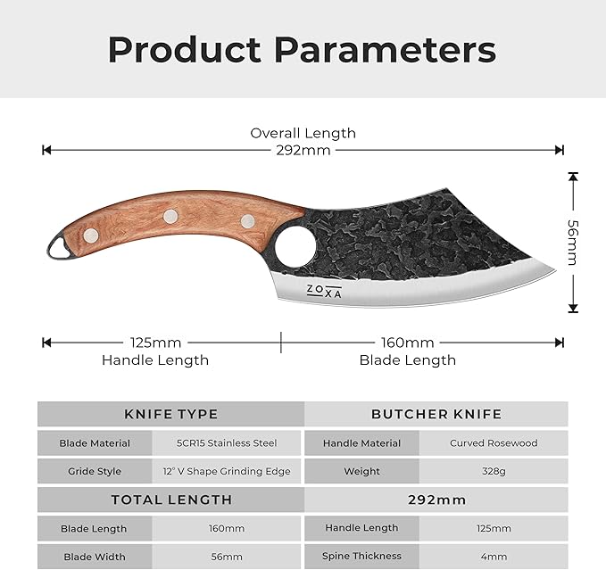 Hakai Chef Cleaver Knife – Full Tang High Carbon Stainless Steel Butcher Knife with Ergonomic Rosewood Handle & Leather Sheath – Sharp Meat Cutting Knife for Kitchen, Camping & BBQ