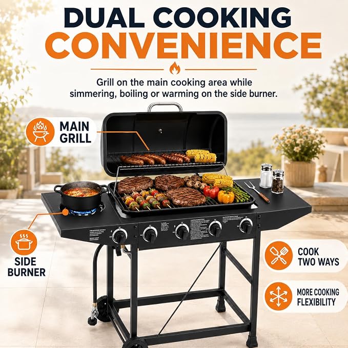4-Burner Outdoor Propane Gas Grill with Side Burner, 42,000 BTU, Porcelain-Enameled Grates, 534 Sq. In. Cooking Area, Piezo Ignition and Wheels