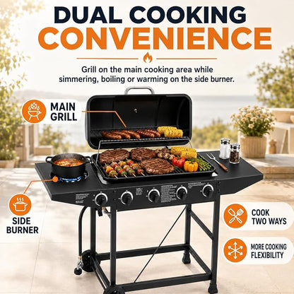 4-Burner Outdoor Propane Gas Grill with Side Burner, 42,000 BTU, Porcelain-Enameled Grates, 534 Sq. In. Cooking Area, Piezo Ignition and Wheels