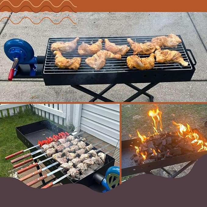Heavy Duty Charcoal BBQ Grill with Fan & Lid – Portable Outdoor Barbecue Grill, Folding Stand, Metal Charcoal Grill for Camping, Backyard, Picnic (Extra Large)