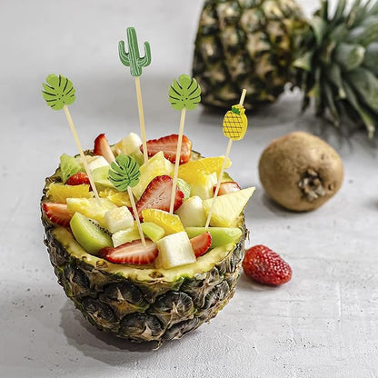 Minisland Green Monstera Leaf Cocktail Picks, 5 Inch Long Bamboo Fancy Toothpicks for Appetizers, Decorative Summer Tropical Hawaiian Party Food Drinks Garnish Fruit Skewer Sticks 100 Counts -MSL174