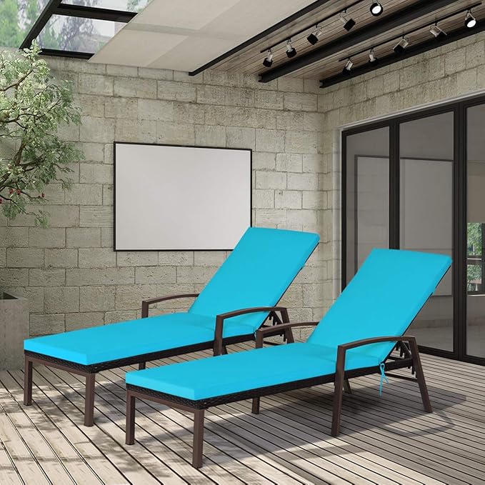 COSTWAY 2PCS Rattan Lounge Chair Outdoor, Patio Wicker Chaise Lounge with 5-Position Adjustable Backrest, Soft Cushion & Arm Rest, Pool Recliner Set of 2 for Poolside, Deck, Backyard (Turquoise)