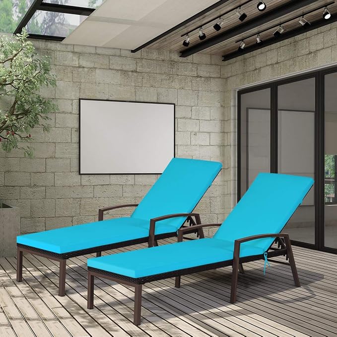 Tangkula 2 PCS Patio Rattan Chaise Lounge Chair, Outdoor Reclining Chaise with Cushion and Armrest, Wicker Sun Lounger with Adjustable Backrest for Garden, Balcony, Poolside